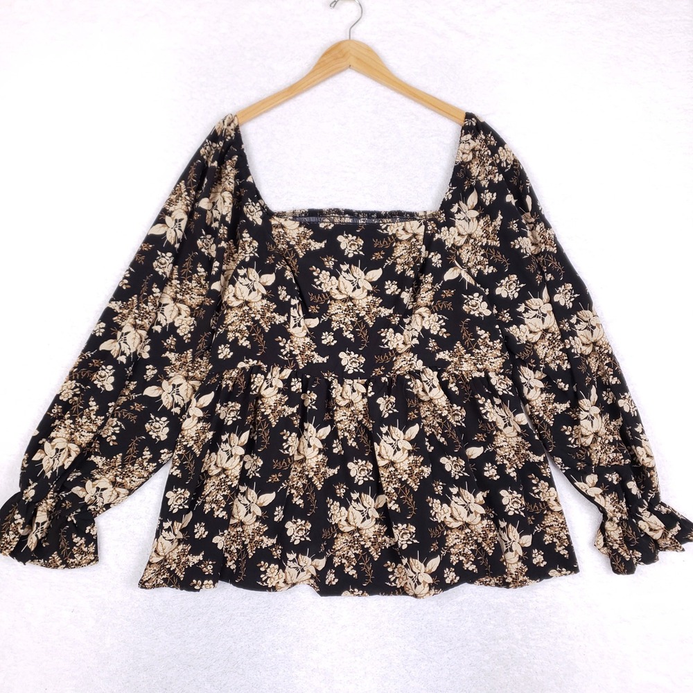 Shein Curve Blouse 4XL Women Black Floral Smocked Peplum Long Sleeve Square Neck